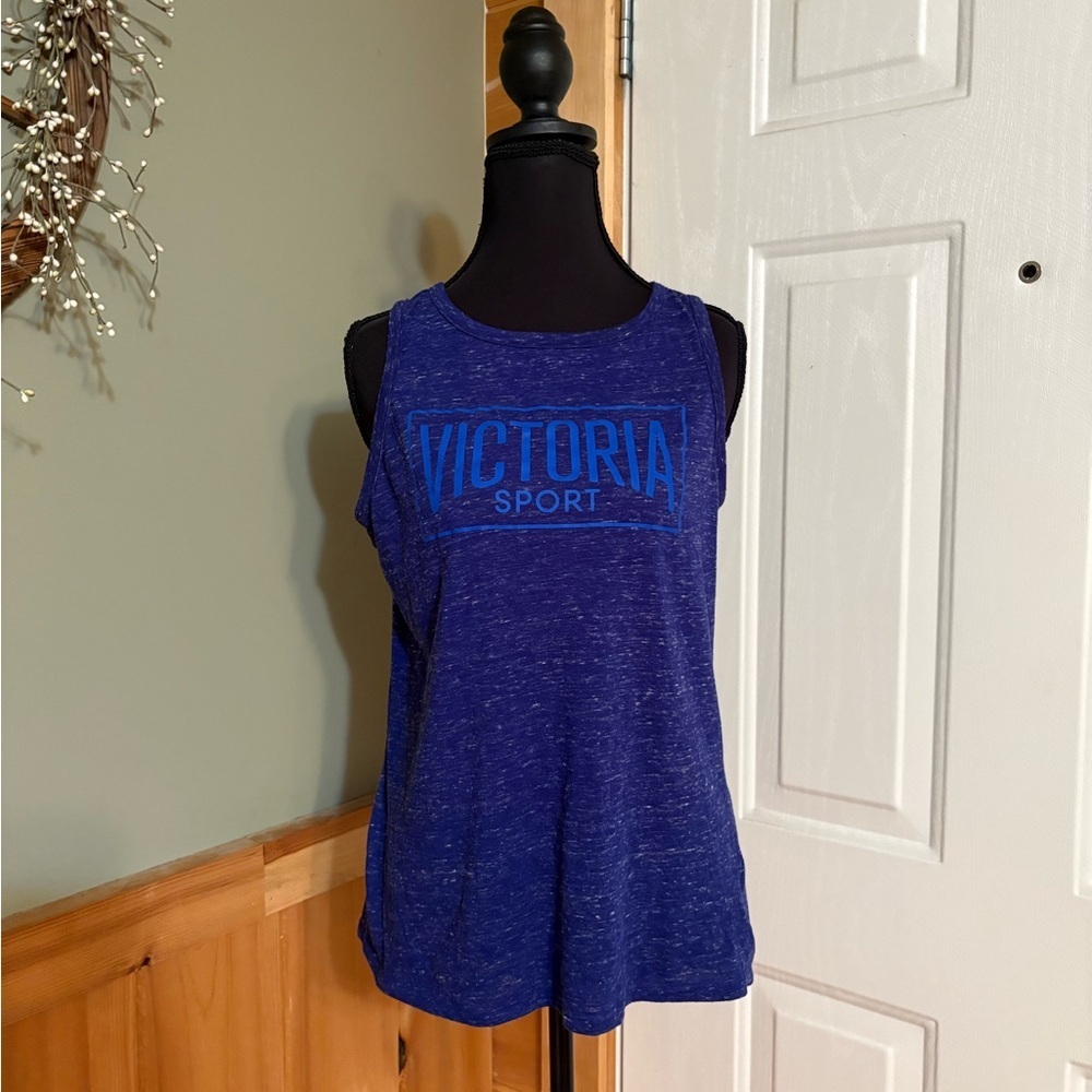 Victoria Sport Size M Blue Relaxed Sleeveless Tank Top with cut out back.